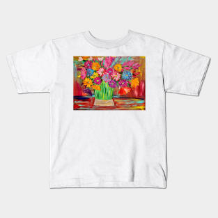 Bright and colorful abstract flowers in a large vase Kids T-Shirt